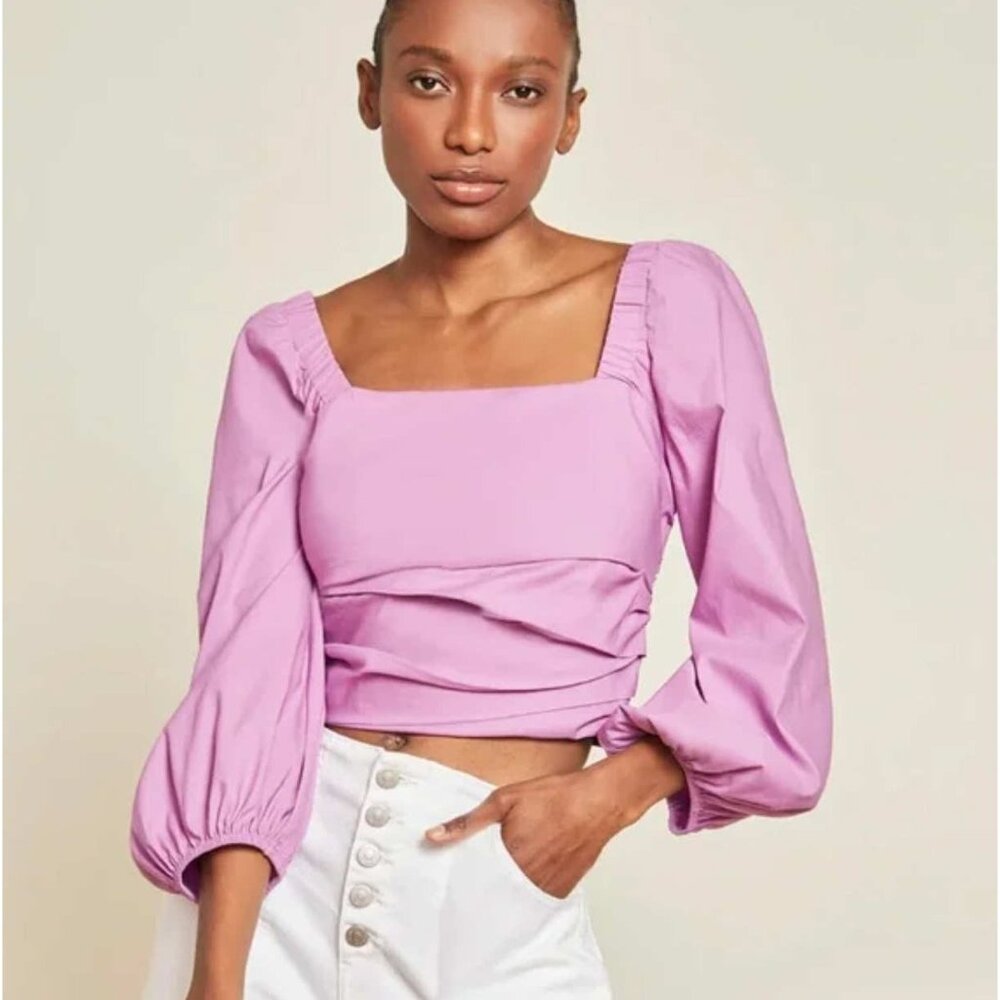 Veronica Beard Ruched Square Neck Blouse Top Size 10 Orchid Pink Puff Sleeve